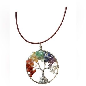 Tree Of Life Chakra Colorful Stone Chip Pendant with Leather Cord